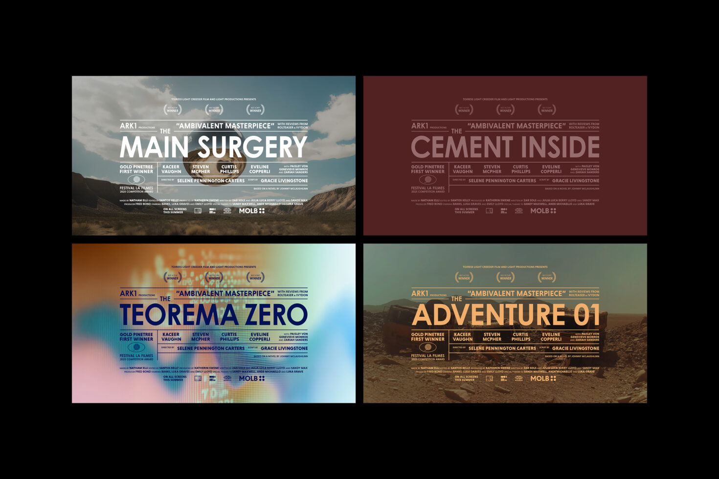 Film posters template featuring bold titles such as Main Surgery and Adventure 01 in varied color schemes for graphic designers marketing mockups.