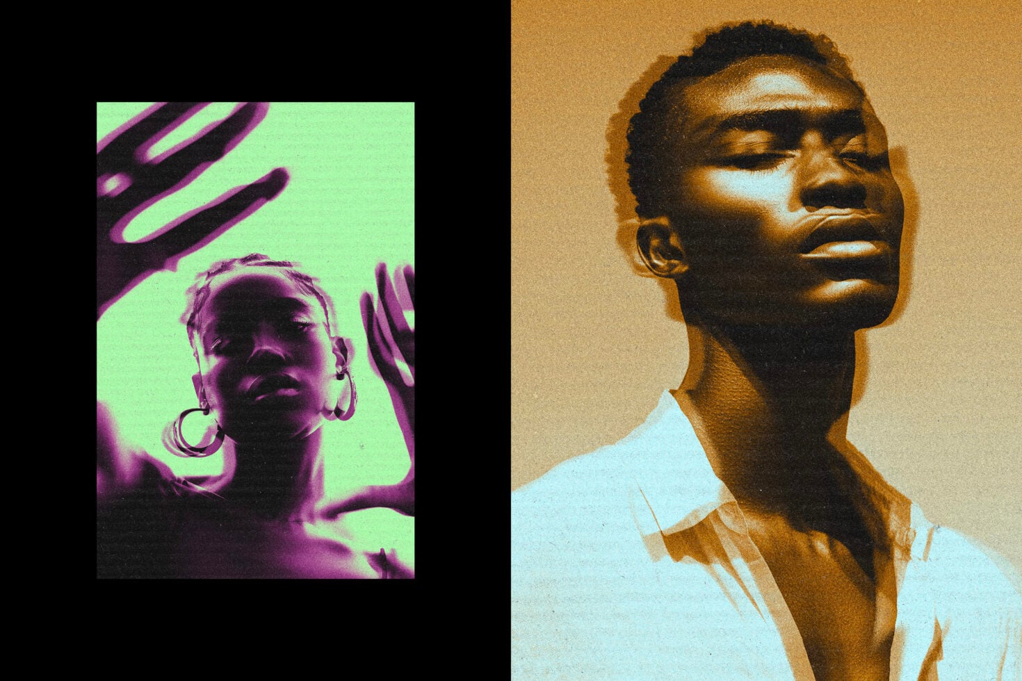 Neon purple portrait with headphones, tan figure with neutral expression