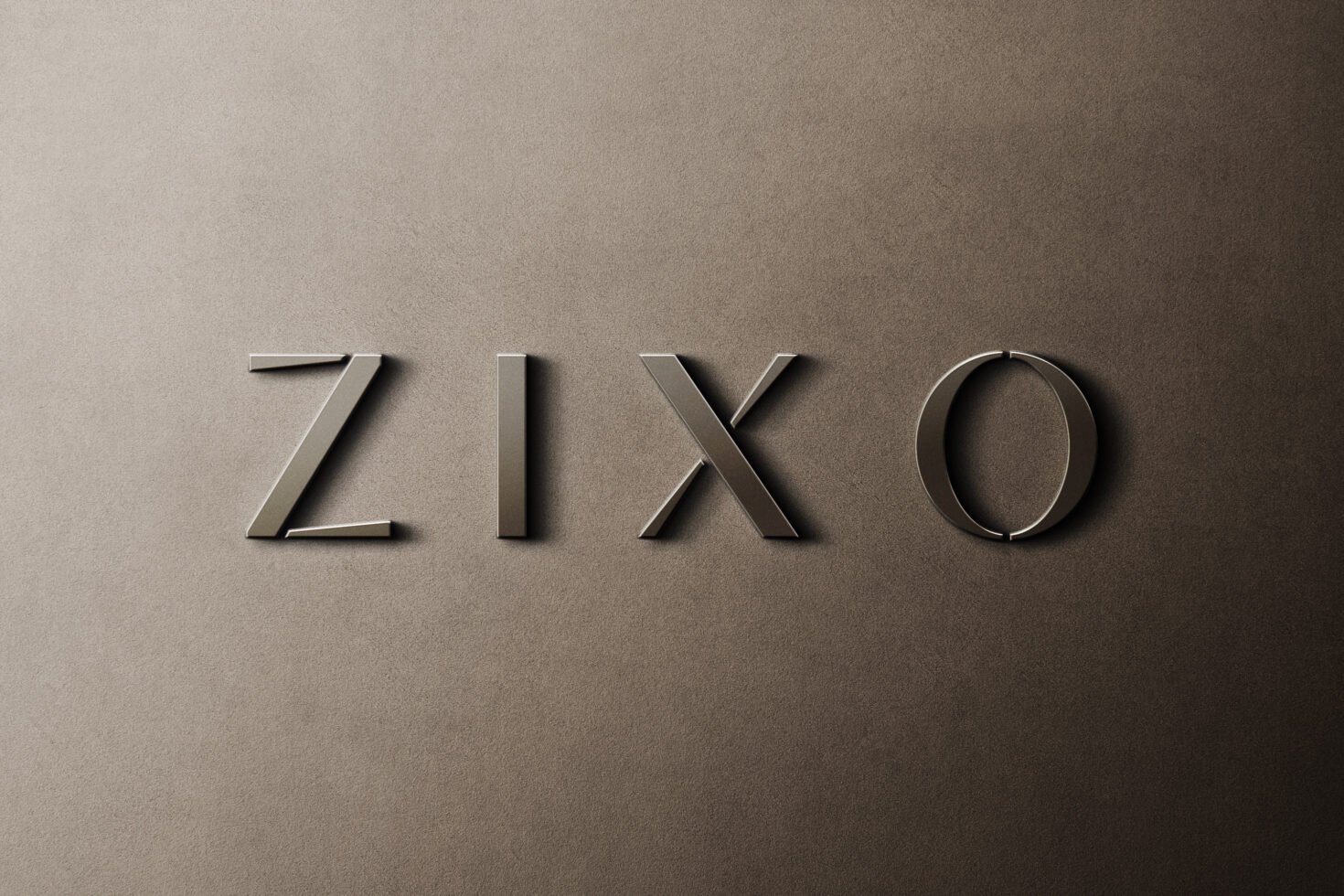 Metallic 3D typography ZIXO on textured brown background. Ideal for mockups, logo design, branding graphics. High-resolution design element.