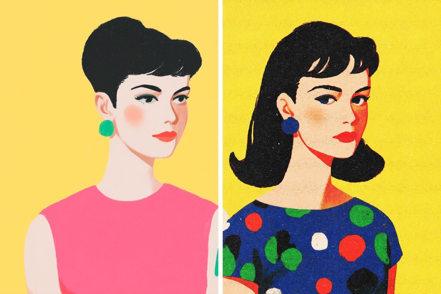 Retro style illustration of two women with colorful backgrounds graphic design digital art vintage aesthetics perfect for mockups and templates.