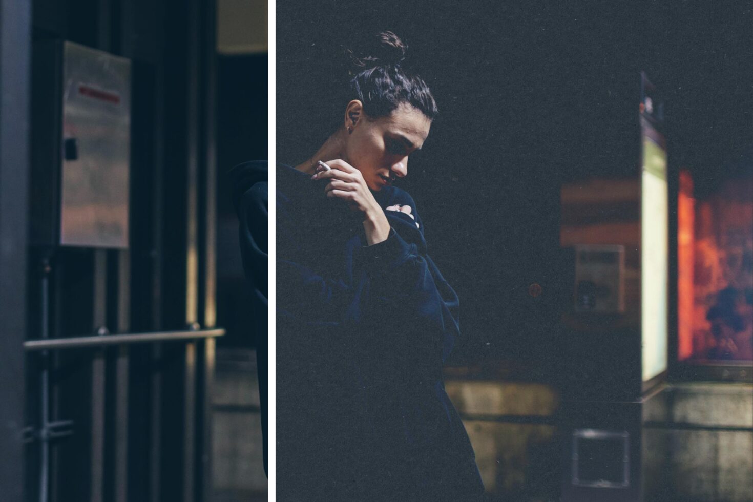 Moody urban photography featuring a person in deep thought at night. Perfect for graphic design projects needing atmospheric, emotional elements.