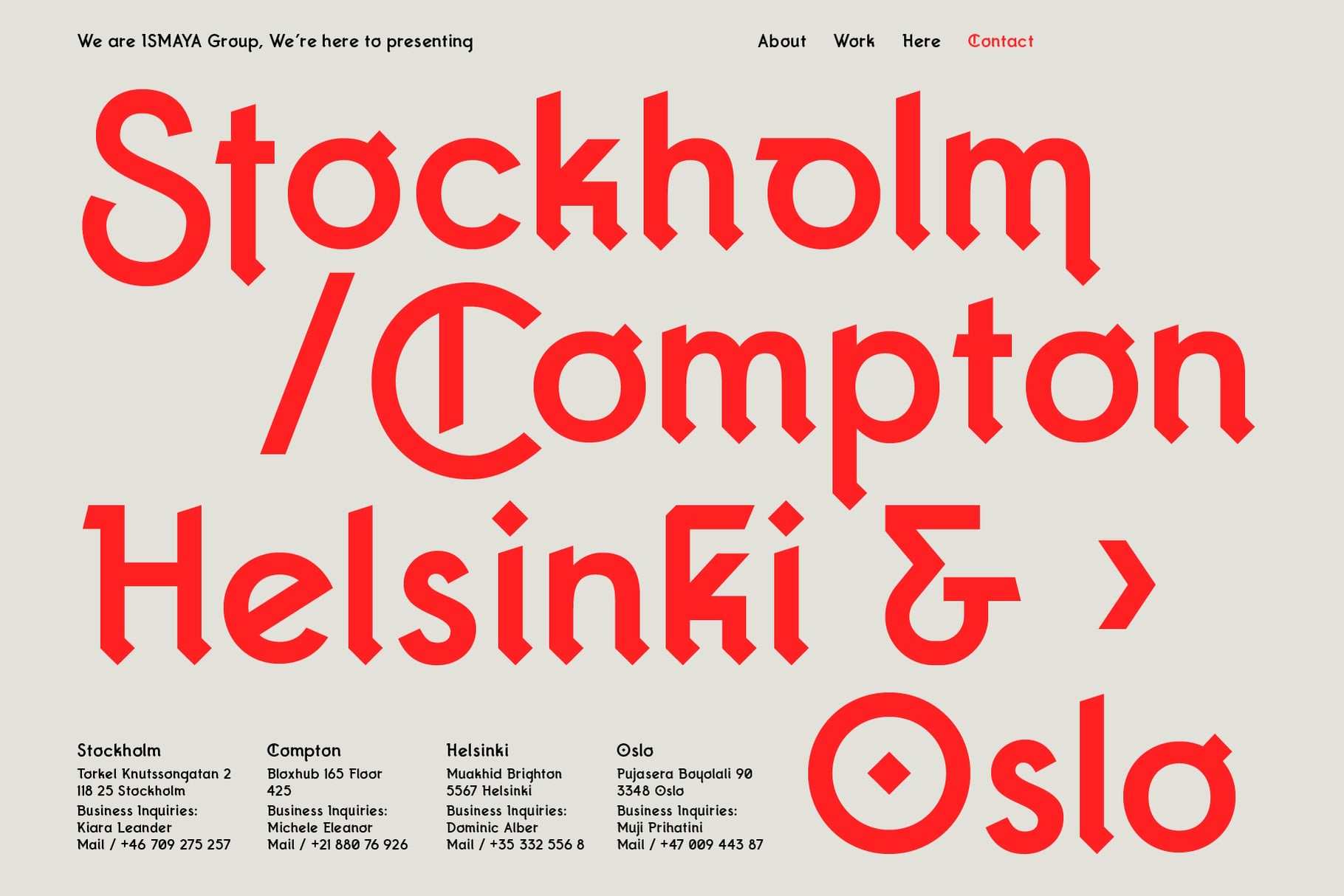 Red bold typography showcasing Stockholm, Compton, Helsinki, Oslo office locations