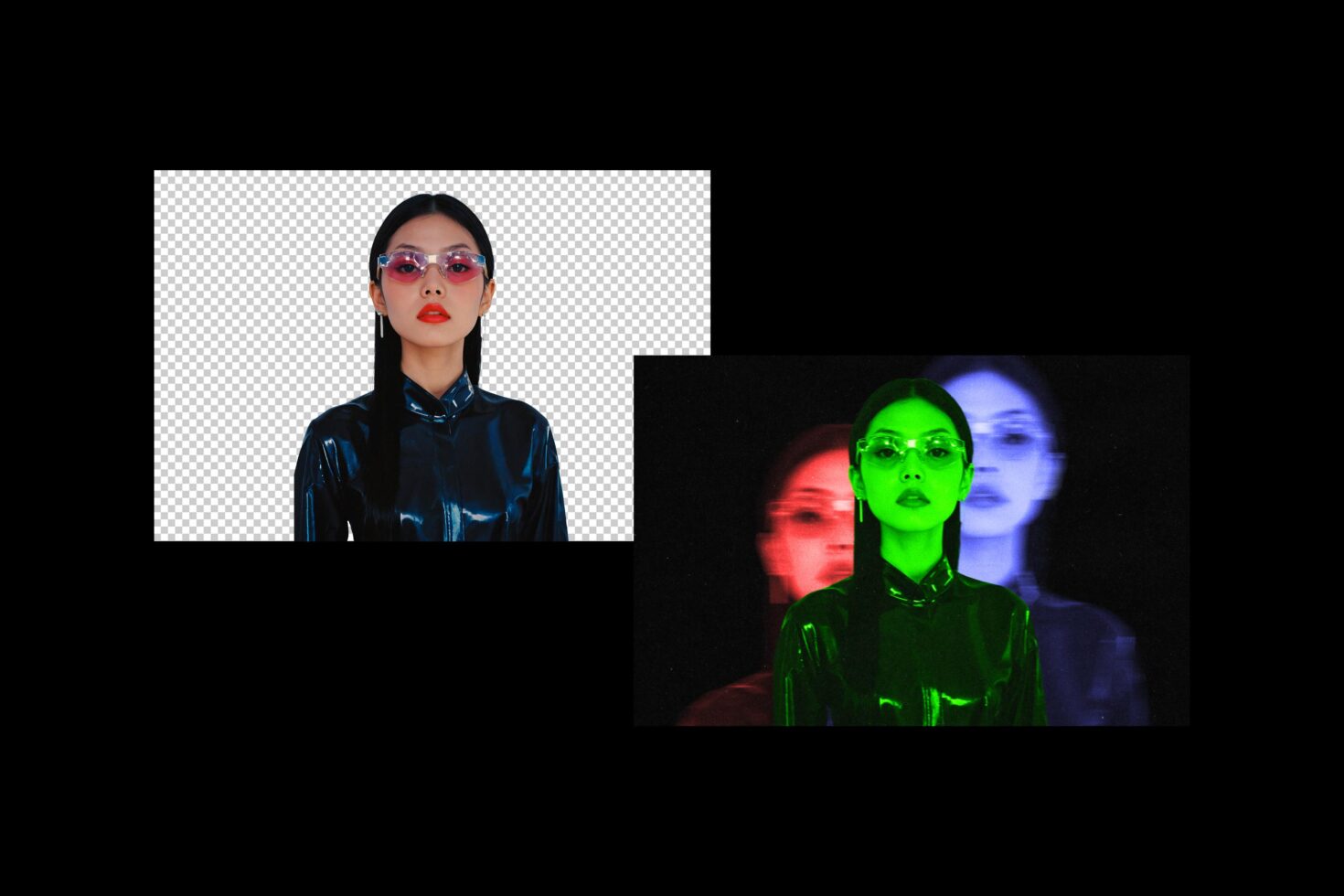 Portrait of a woman with sunglasses, featuring a futuristic style. Includes a colorful glitch effect on a black background. Perfect for graphic design assets.