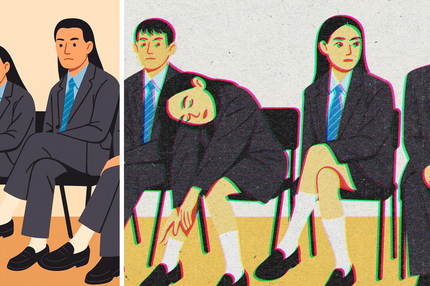 Illustration of four seated people in suits with varied expressions. Artistic style is retro pop art. Perfect for graphic design, mockups, and templates.