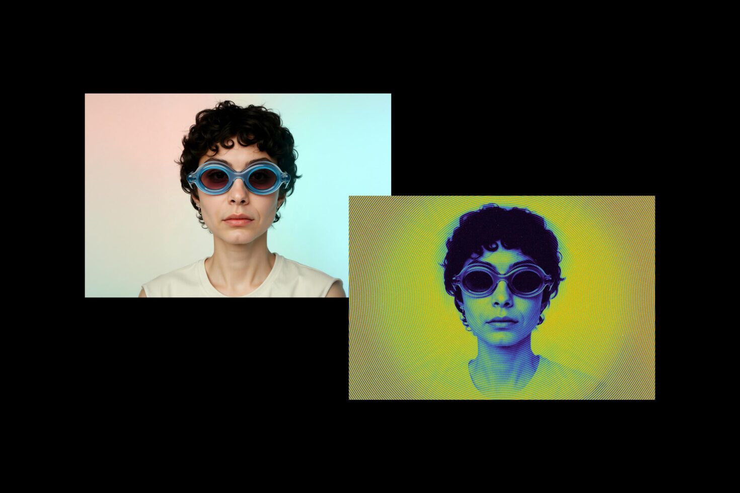 Two portrait layouts showing short-haired person in blue round frames, gradient effect