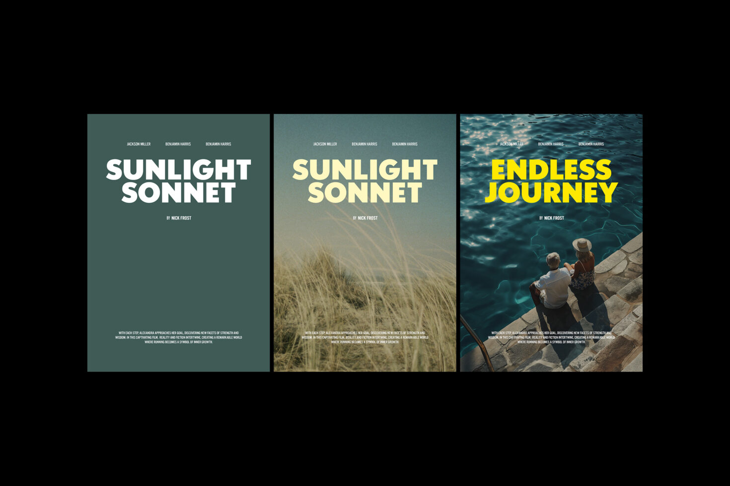 Three minimalist book cover mockups titled Sunlight Sonnet and Endless Journey with bold typography. Ideal for designers seeking professional templates.