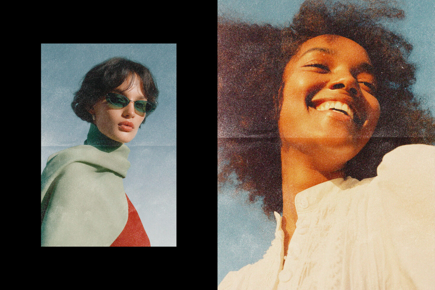 Two portraits side by side, person in sunglasses on left, smiling face on right