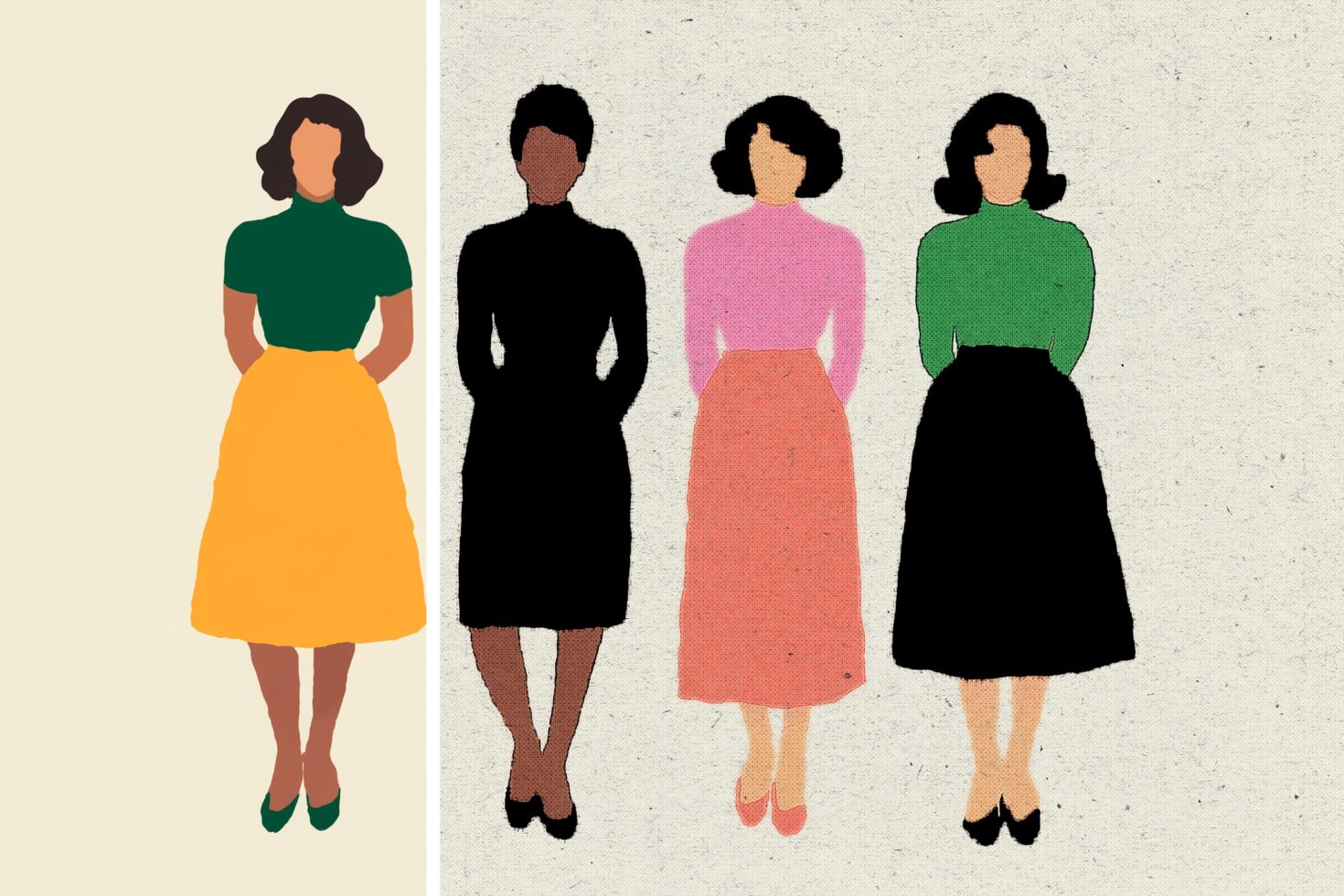 Four female figure illustrations in different skin tones wearing colorful vintage dresses
