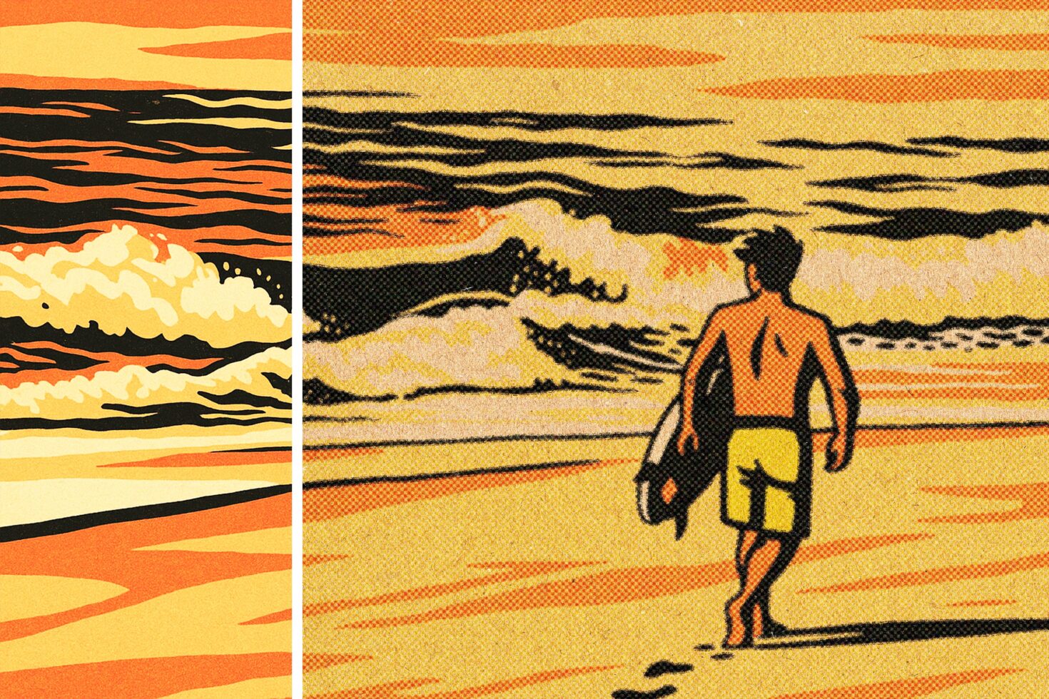 Surfer with board facing ocean waves at sunset, retro halftone illustration