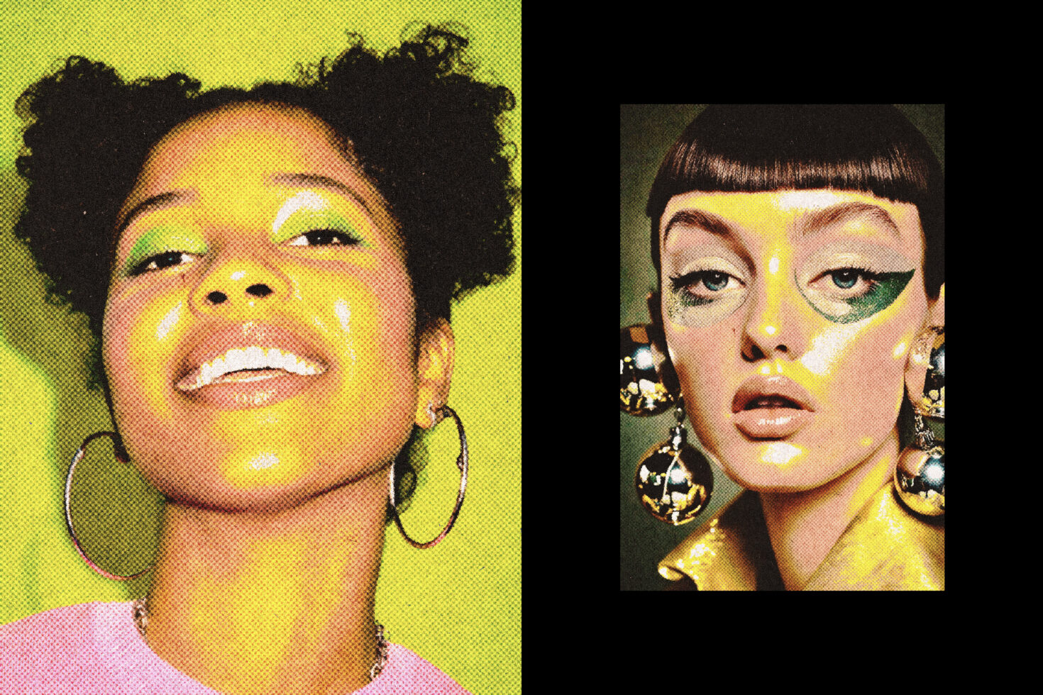 Vibrant retro collage with two models featuring bold green makeup and large earrings, ideal for graphic design projects. Pop art style mockup asset.