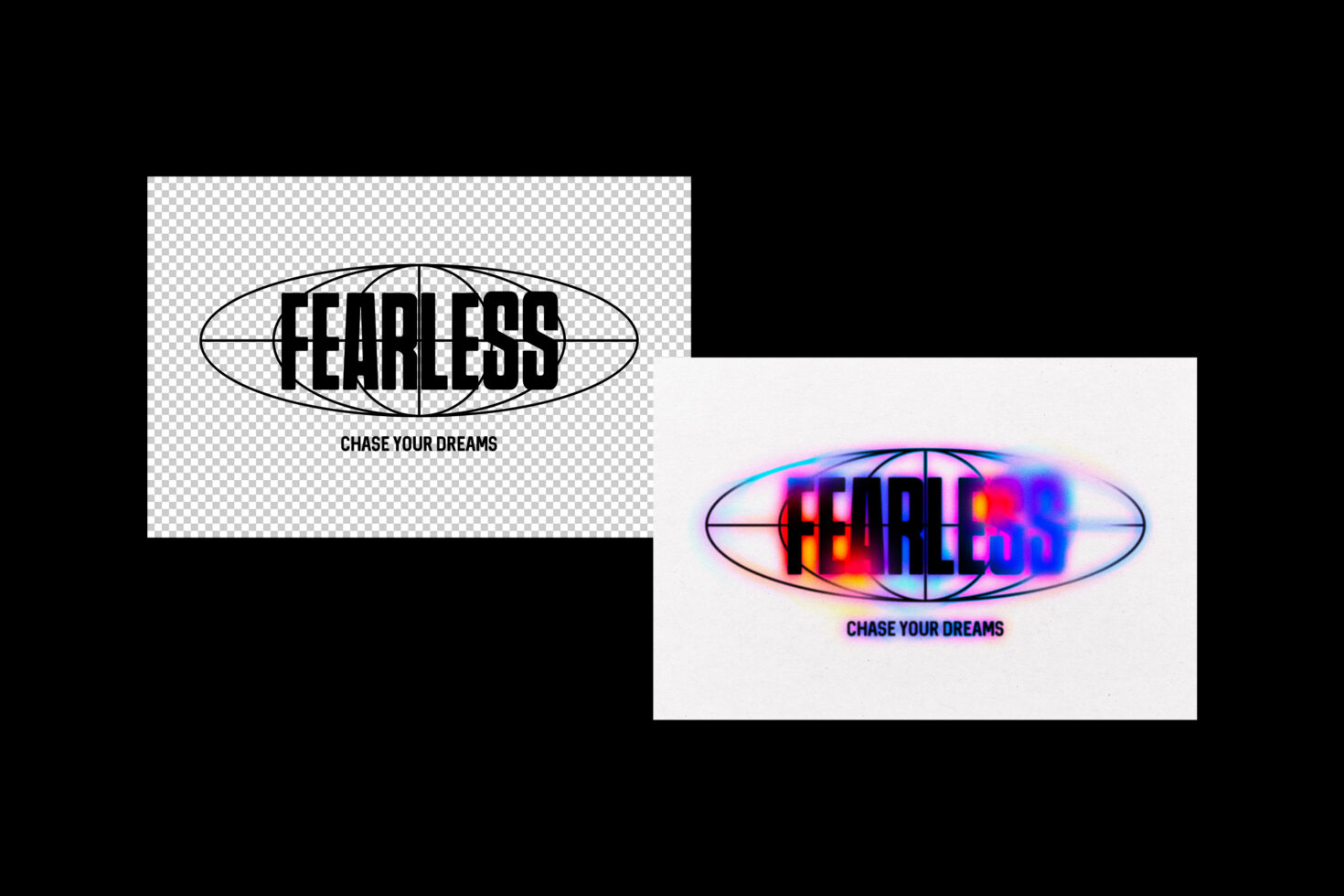 Bold typography design featuring the word Fearless in a stylized, colorful font with the phrase Chase Your Dreams, ideal for graphic design templates.