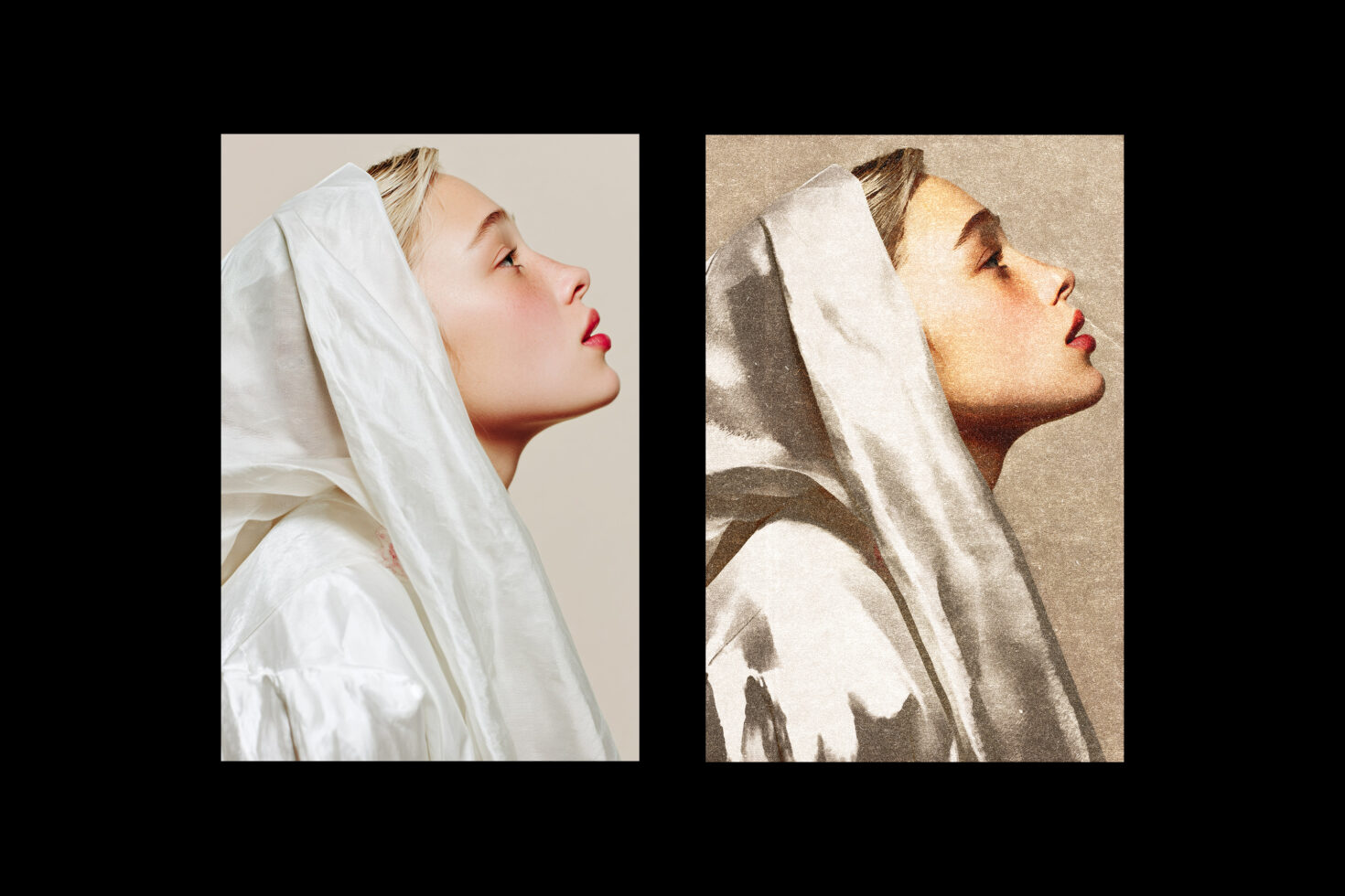 Portrait comparison showing digital art effect on profile of woman with veil ideal for mockups graphic design templates photo editing.