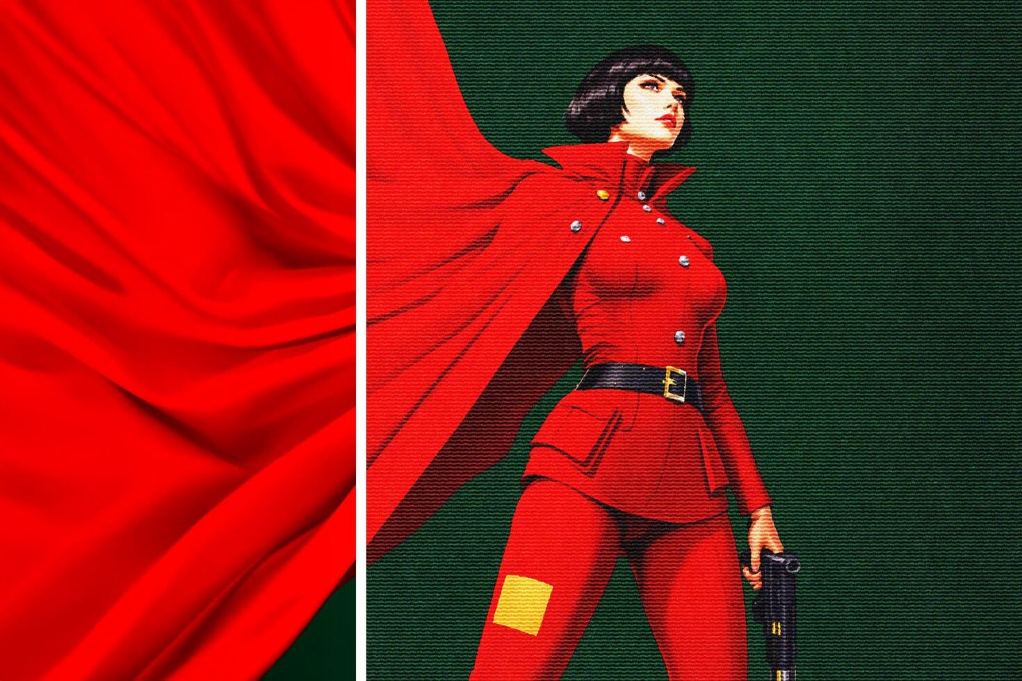 Woman in red outfit with cape, scanline texture on red green split background