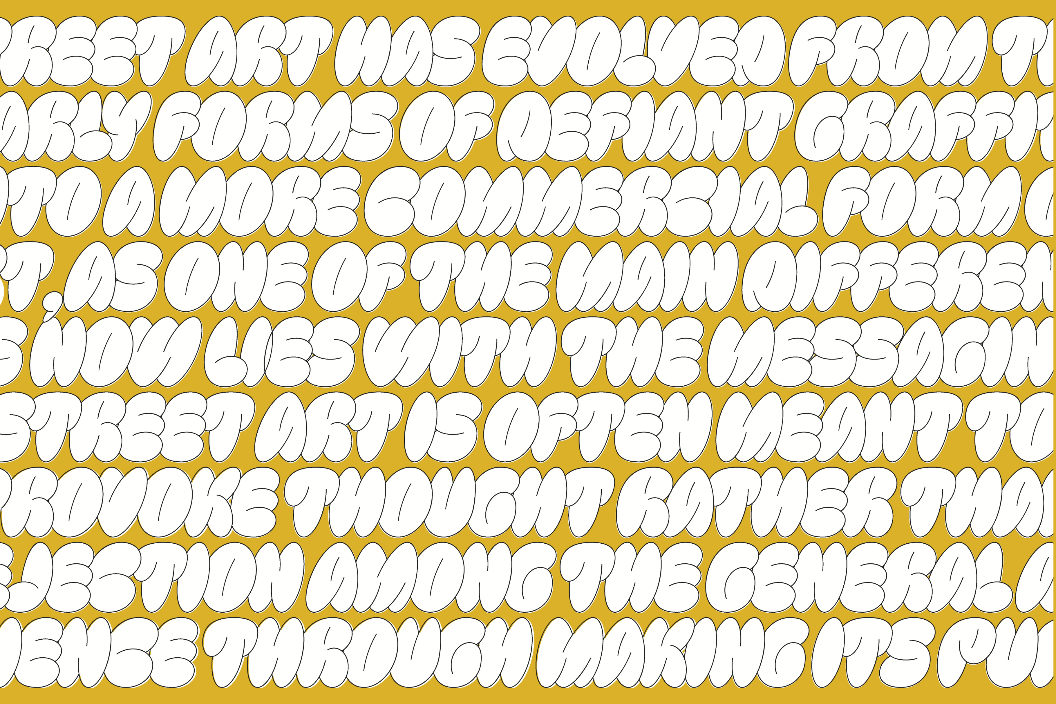 Bold bubble graffiti font on a mustard background. White text with a 3D effect creates a dynamic street art style, ideal for graphic design projects.