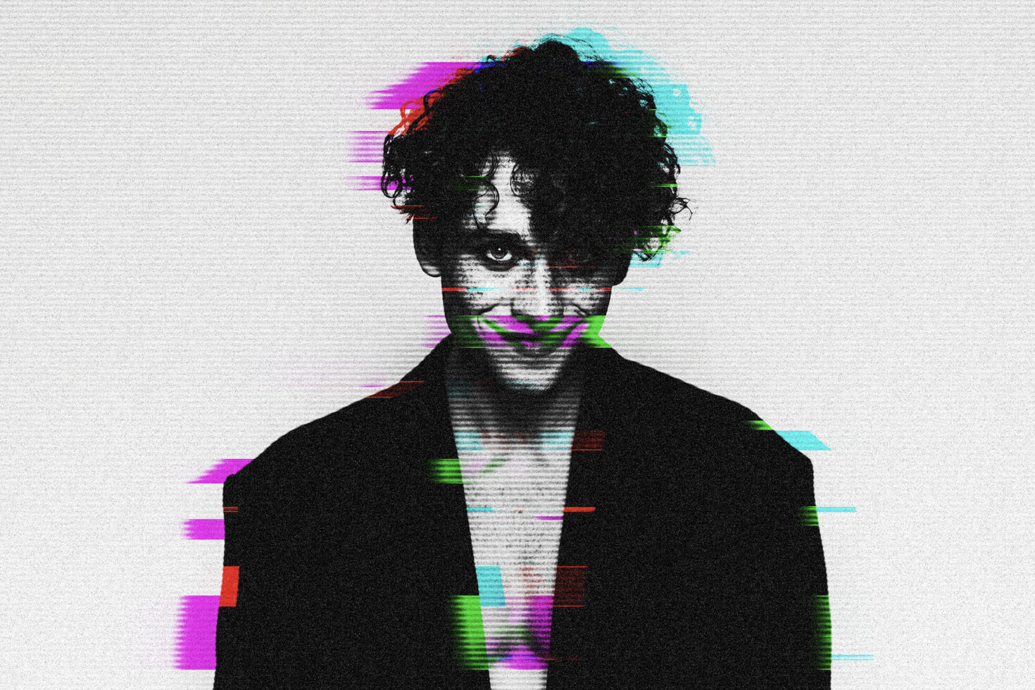 Portrait with curly black hair on light background layered with magenta cyan green horizontal glitch artifacts