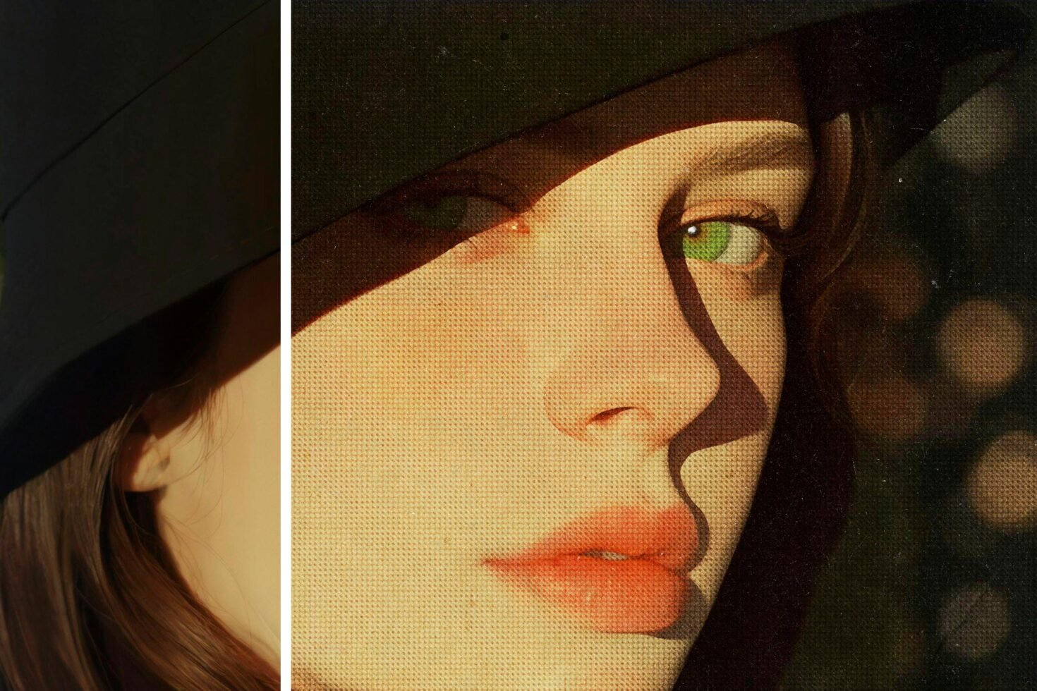 Portrait of a woman in a black hat with green eyes and a vintage texture effect ideal for photo mockups and graphic design projects.