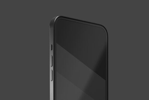 Black phone mockup at angle showing side profile with blank screen