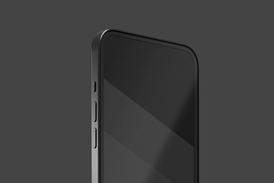 Black phone mockup at angle showing side profile with blank screen