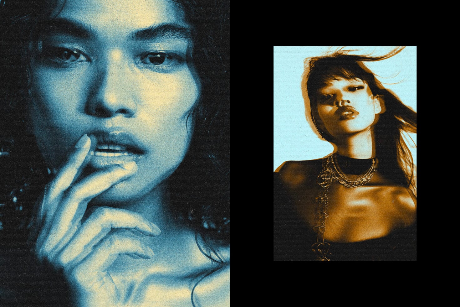 Duotone portraits with blue sepia tone, one close-up with gold chain