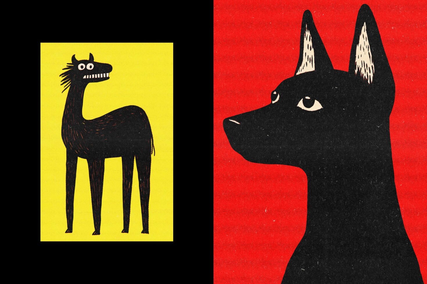 Whimsical illustration featuring a quirky horse on yellow background and a stylized dog on red, perfect for graphics design asset. Bold colors, artistic style.