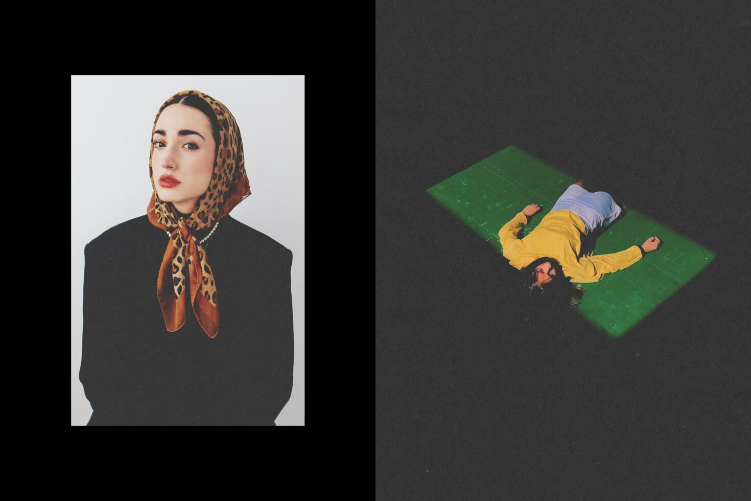 Portrait and conceptual photo set showing a woman in a leopard headscarf and another lying on green ground. Ideal for mockups or graphic design templates.