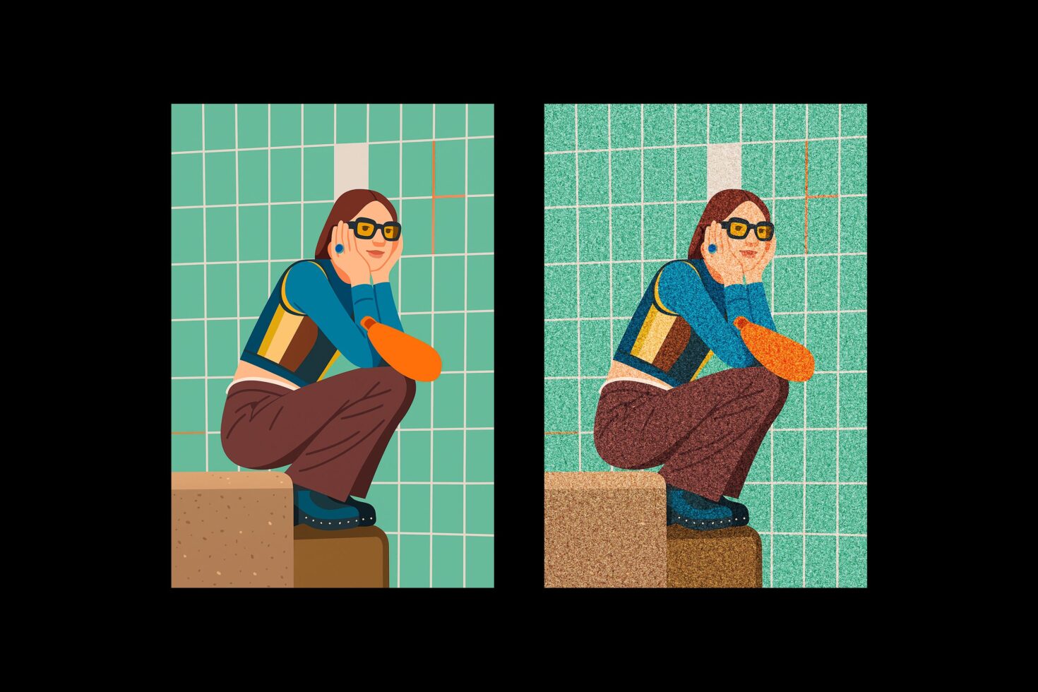Illustration of a person crouching in front of a green tiled wall; textured and flat versions. Ideal for graphics, templates, design inspiration.