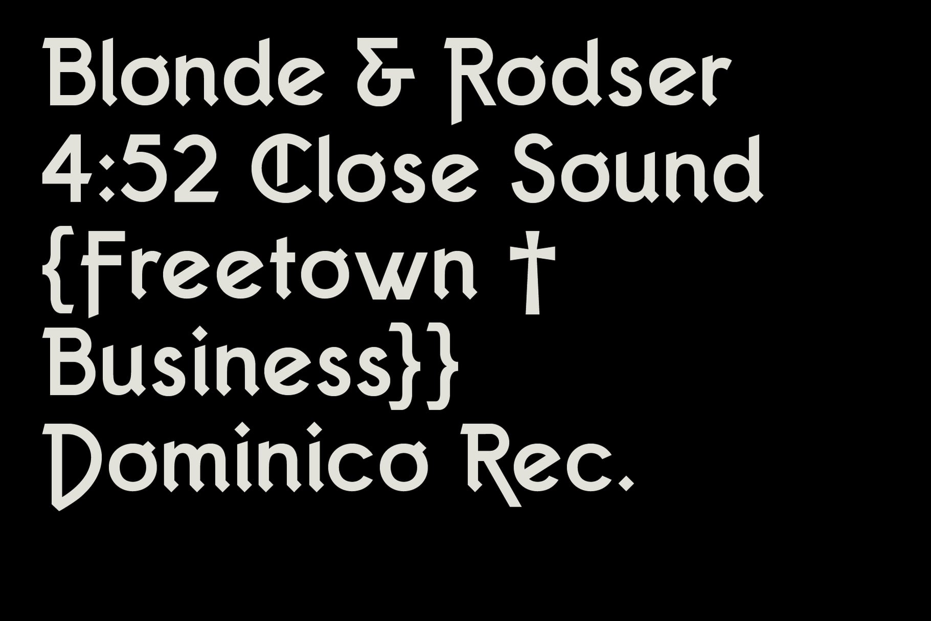 White serif typeface on black background with album track listings below text