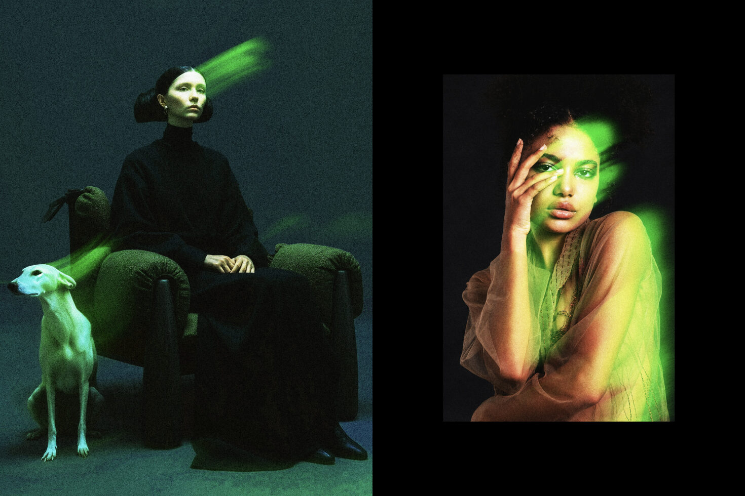 Color grading before after pair, fluorescent green light effect on portrait mockup