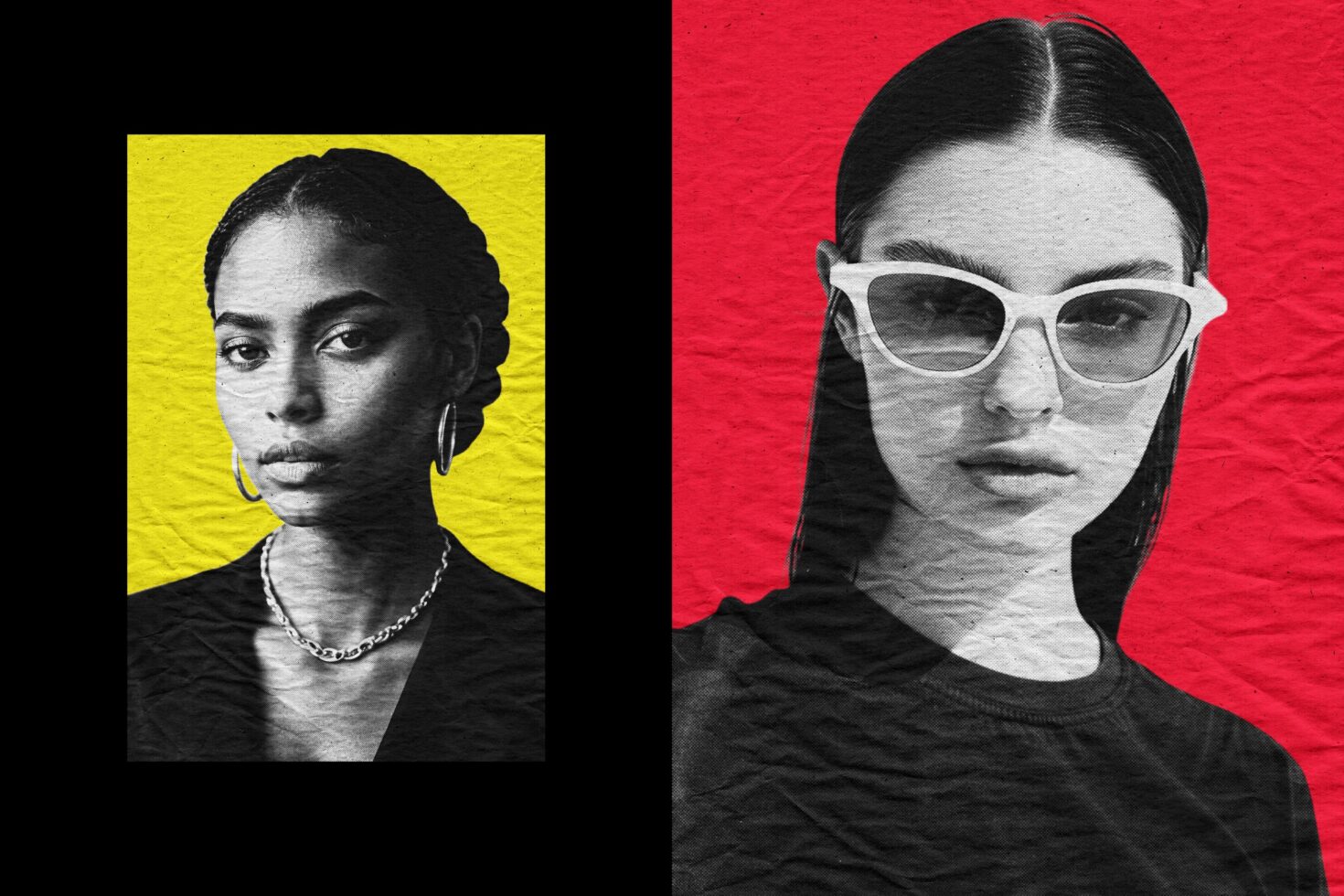 Dual panel collage featuring stylish portraits on vibrant yellow and red backgrounds ideal for graphic designers and digital art mockups. Creative assets.