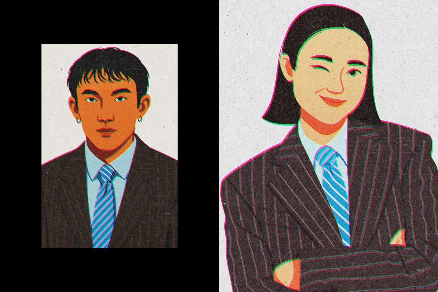 Colorful illustration of two people in suits with retro glitch effect. Pinstripe, digital art, portrait, designer asset, modern aesthetic, illustration.