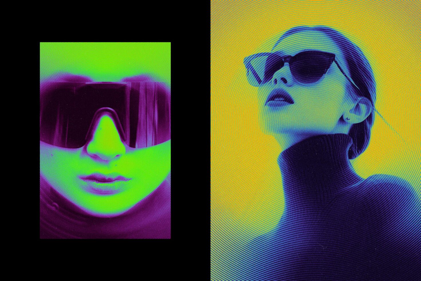 Neon split screen with magenta sunglasses closeup, yellow tinted profile portrait right
