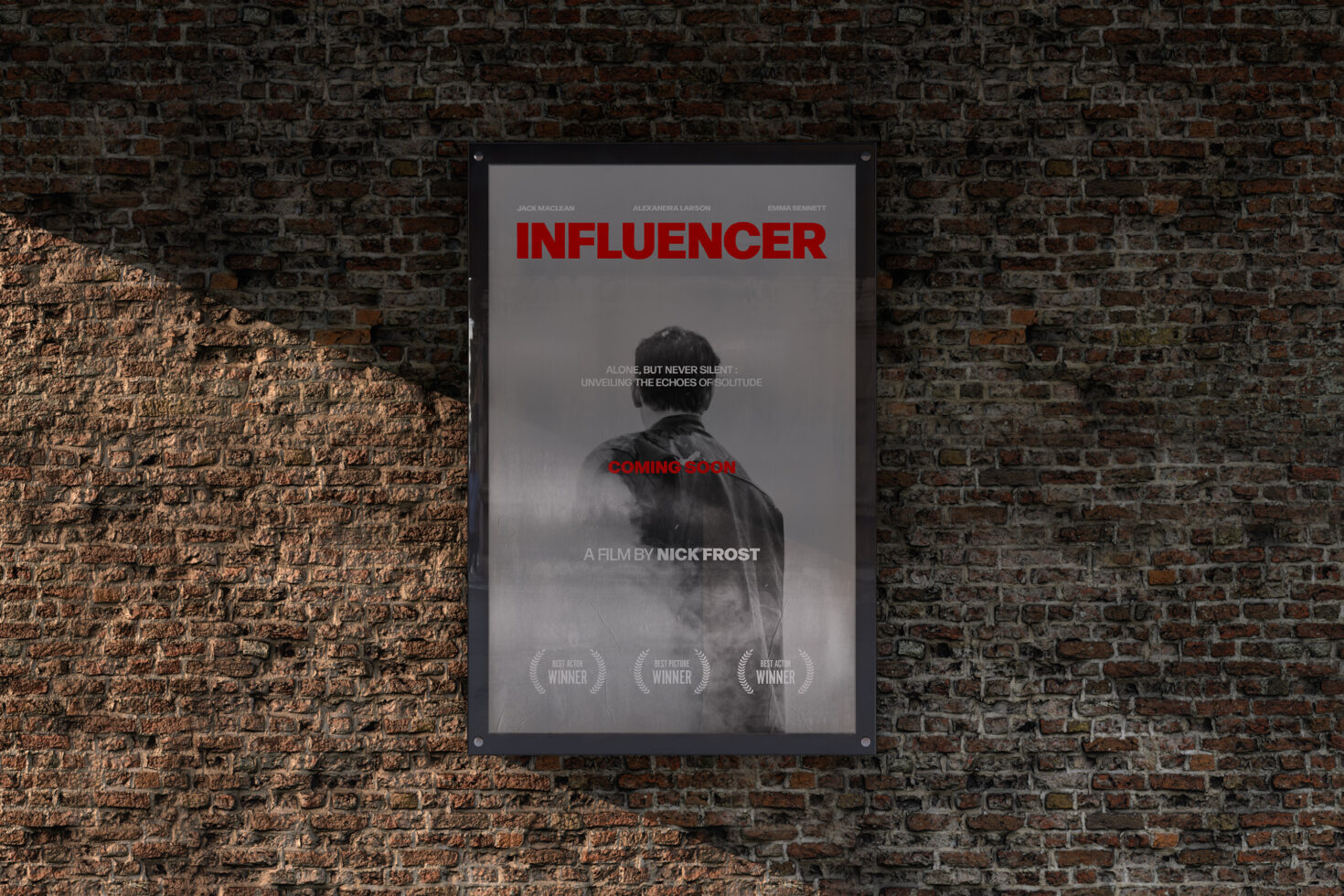 Movie poster mockup against a brick wall featuring a film titled Influencer. Design showcases a person from behind with bold red and white text.