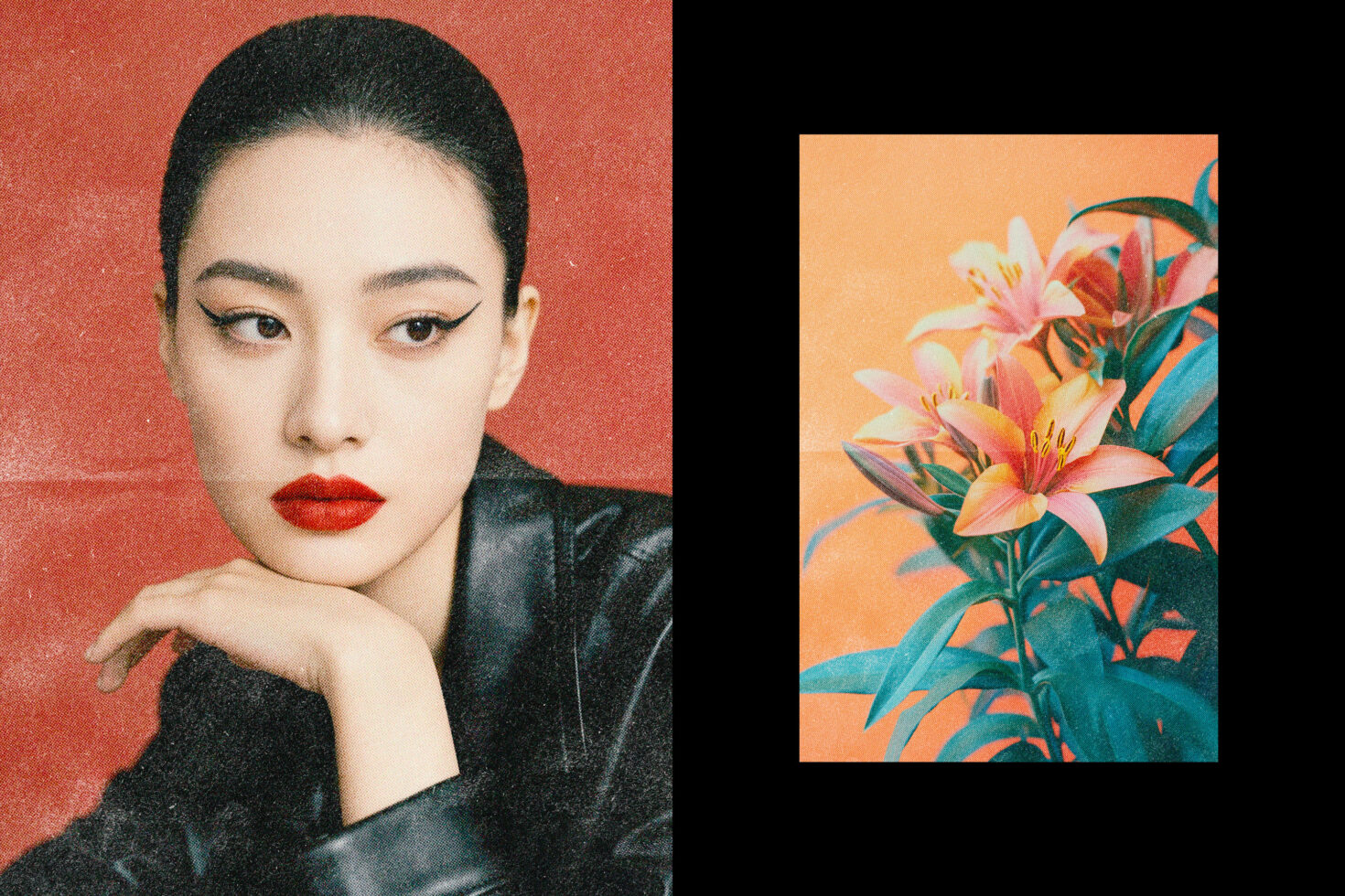 Split layout with portrait on red background, lilies on peachy background right