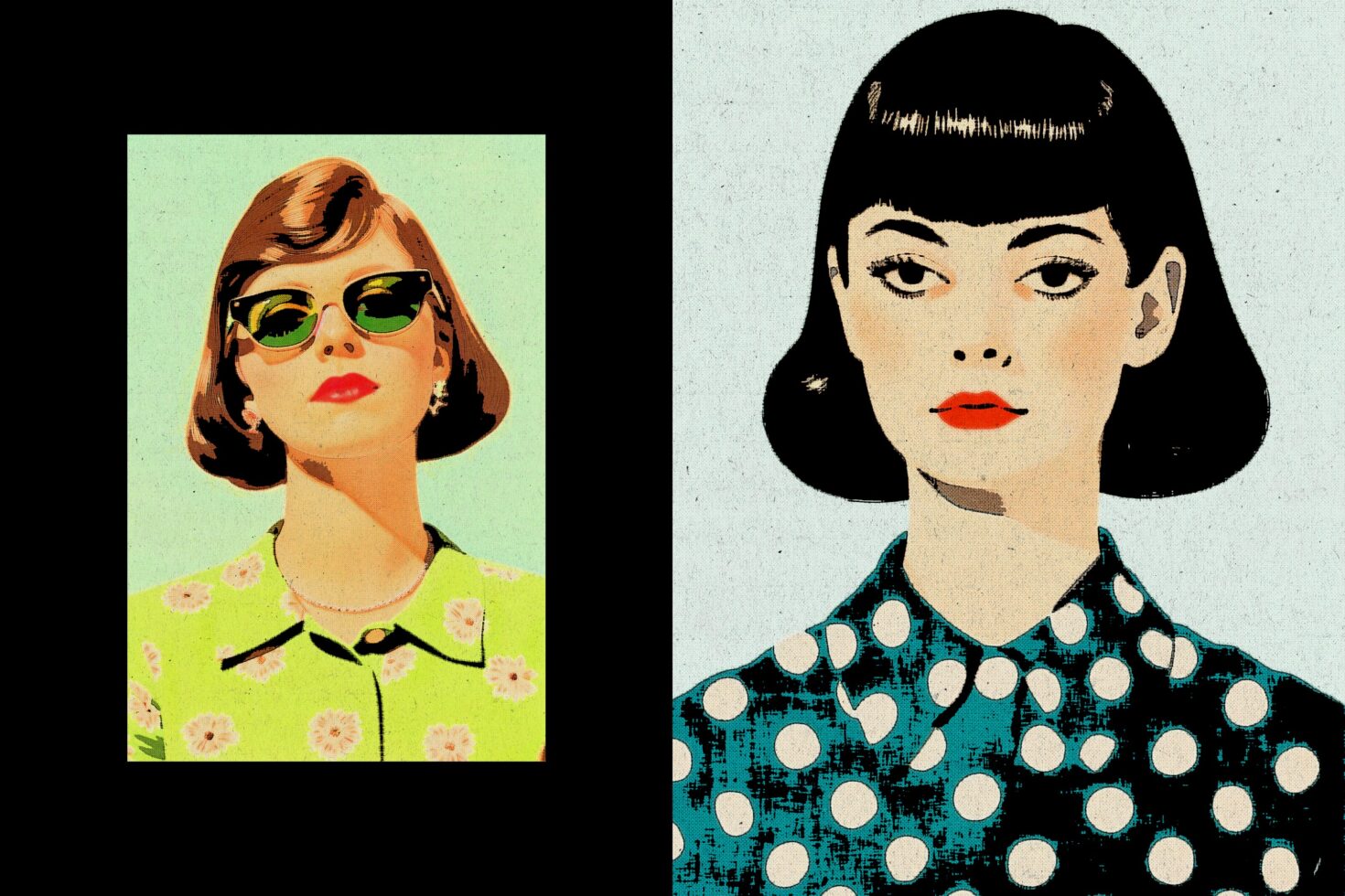 Two retro portrait illustrations, one with copper hair in green top, one with black bangs in polka dot shirt