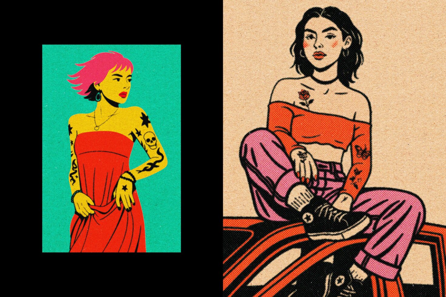 Two portrait styles side by side, left bold pop art, right vintage comic look