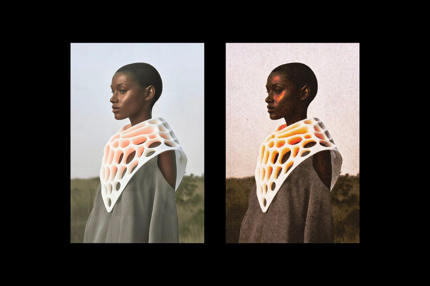 Side-by-side images of a model in futuristic clothing featuring a 3D-printed structure with honeycomb design keywords: mockup, fashion, 3D design, texture.