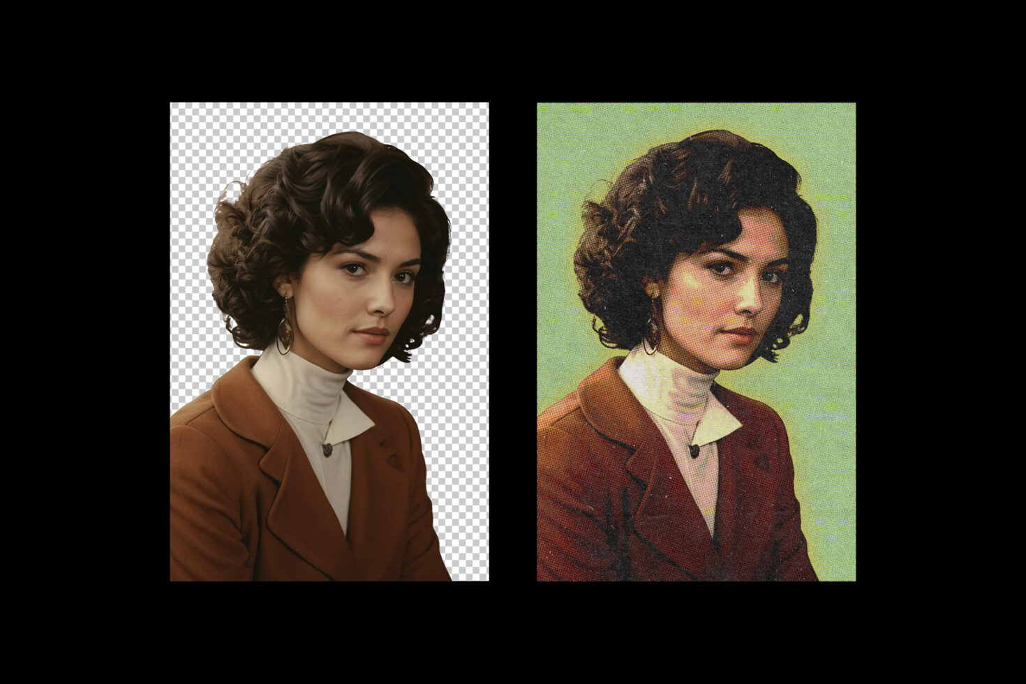 Digital mockup of a woman in a brown blazer. Left image is isolated on transparent background; right image is vintage styled on green backdrop.
