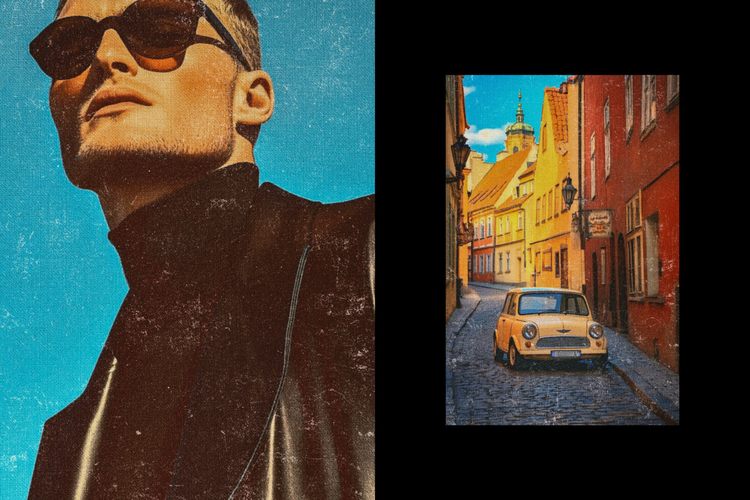Vintage style graphic with a man in sunglasses and a retro car on a cobblestone street. Ideal for designers seeking unique visual elements.