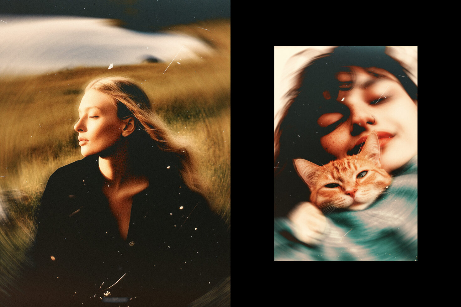 Side-by-side blurred artistic portrait of a woman in a field and a woman with a cat. Creative digital asset for designers. Photography template.