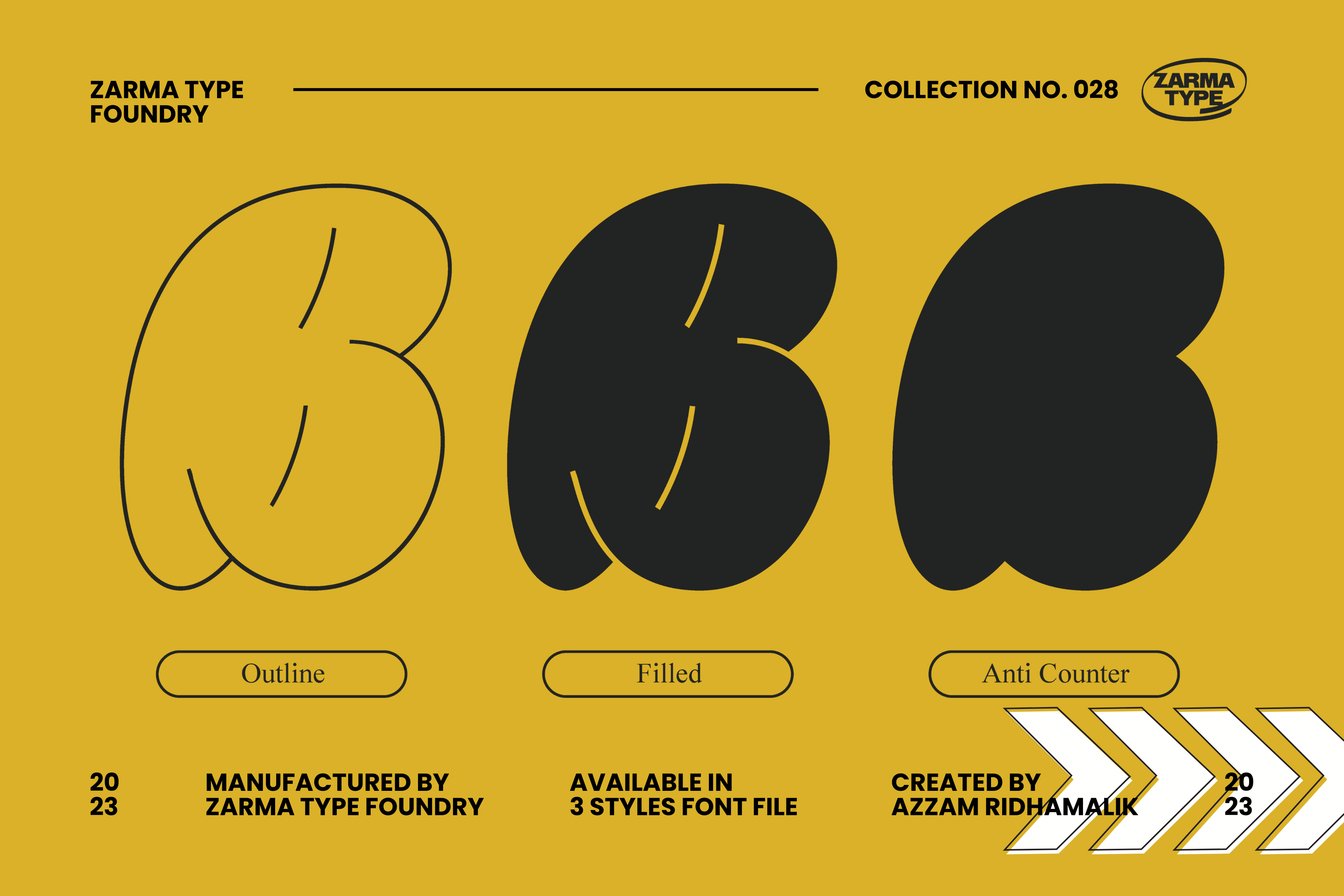 Font design showcase by Zarma Type Foundry featuring three styles: Outline, Filled, Anti Counter. Modern typography collection for graphic designers.