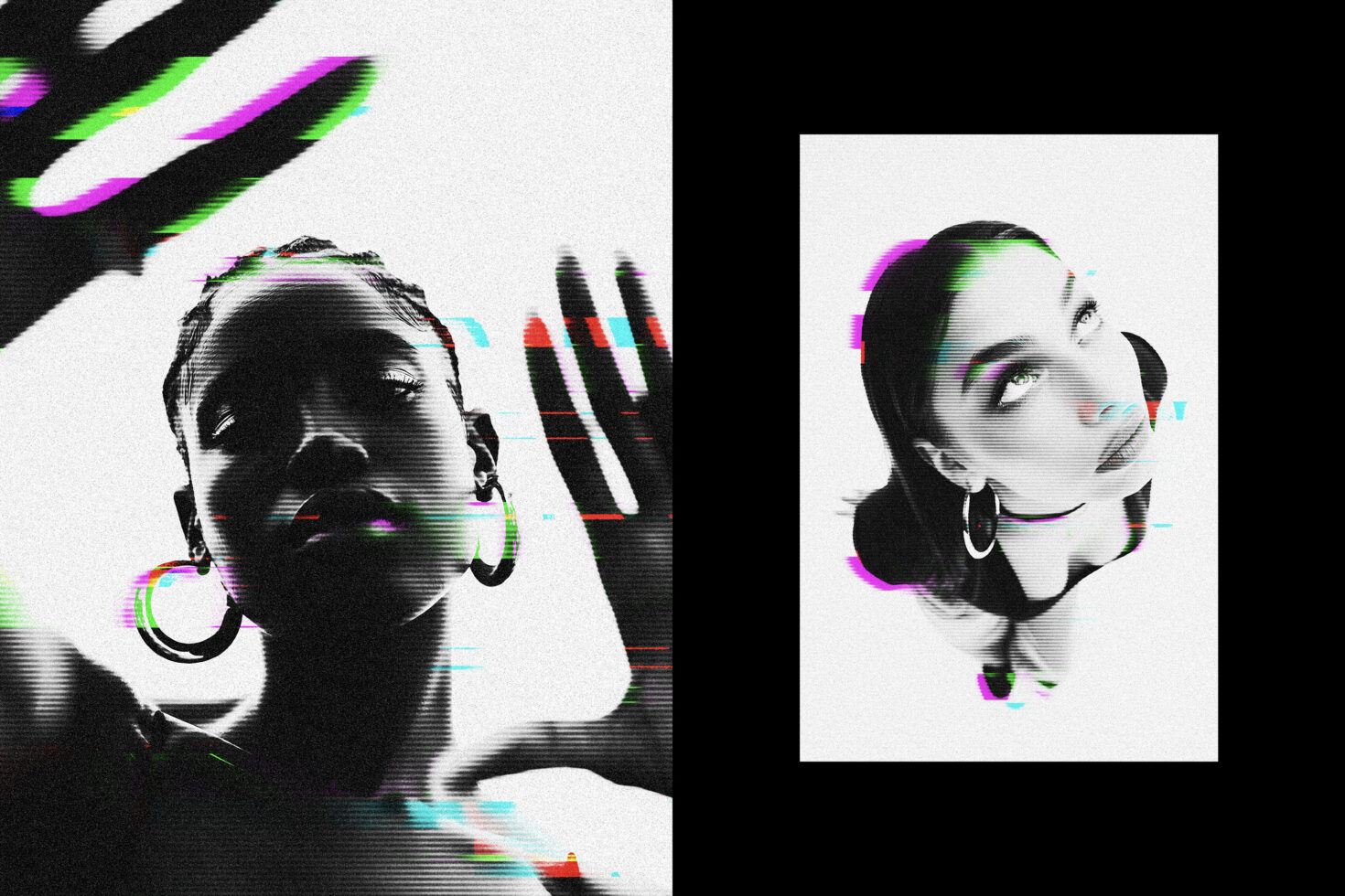 Two black white portrait photos with intense rgb color shift glitches, scanline effects throughout