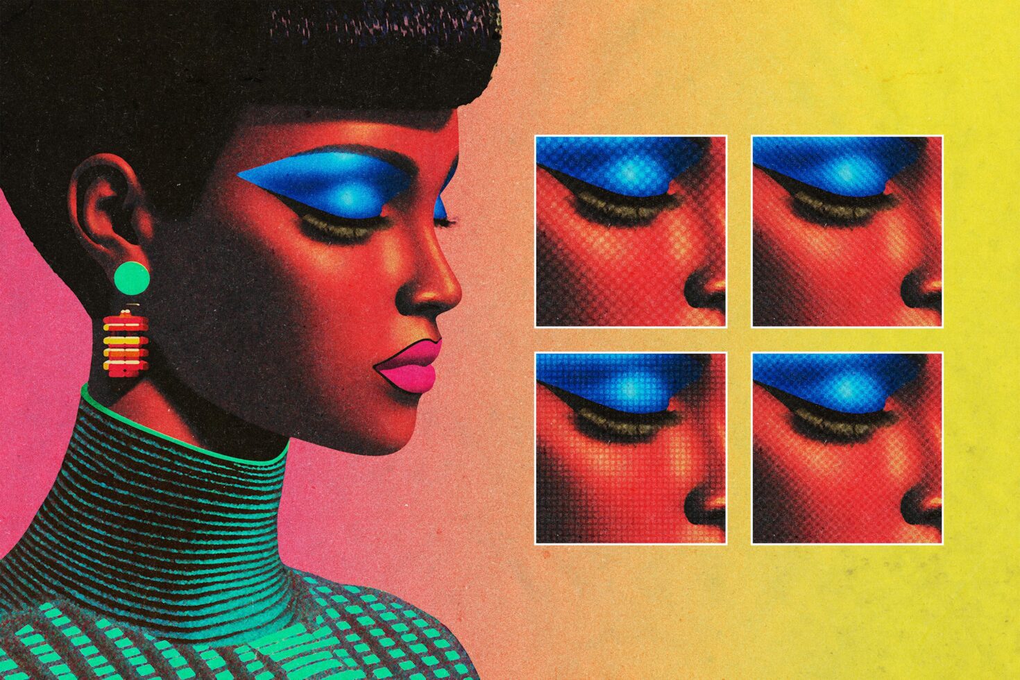 Colorful digital art of a woman in profile with vibrant makeup and large earrings. Retro pop art style. Perfect for graphic design and template inspiration.