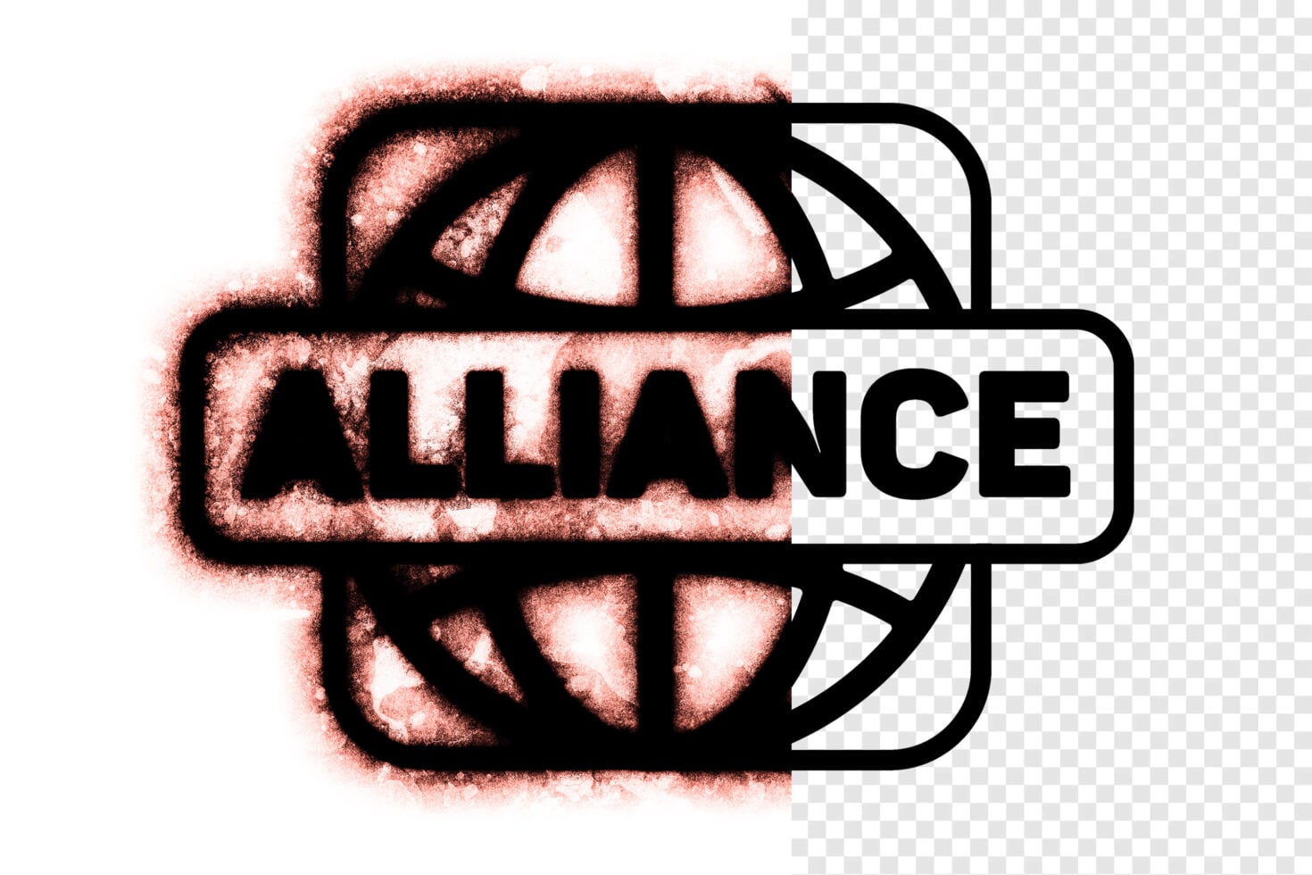 Logo with car illustration, pink spray texture, text reads Alliance