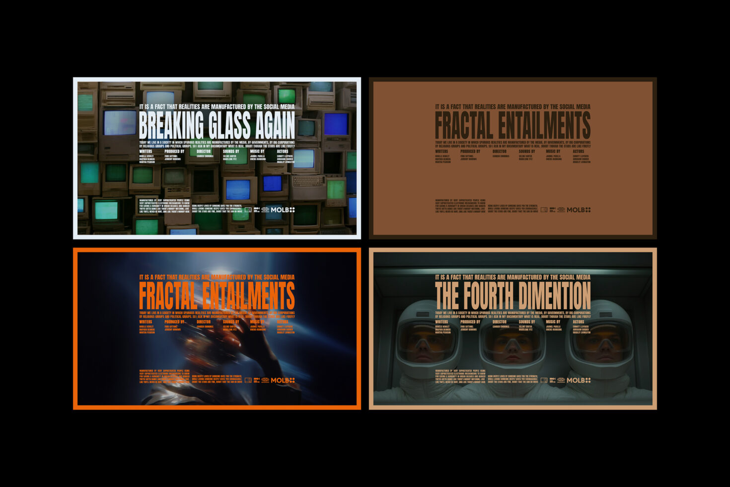 Four digital movie posters with retro and futuristic designs featuring titles Breaking Glass Again Fractal Entailments The Fourth Dimension for creatives.