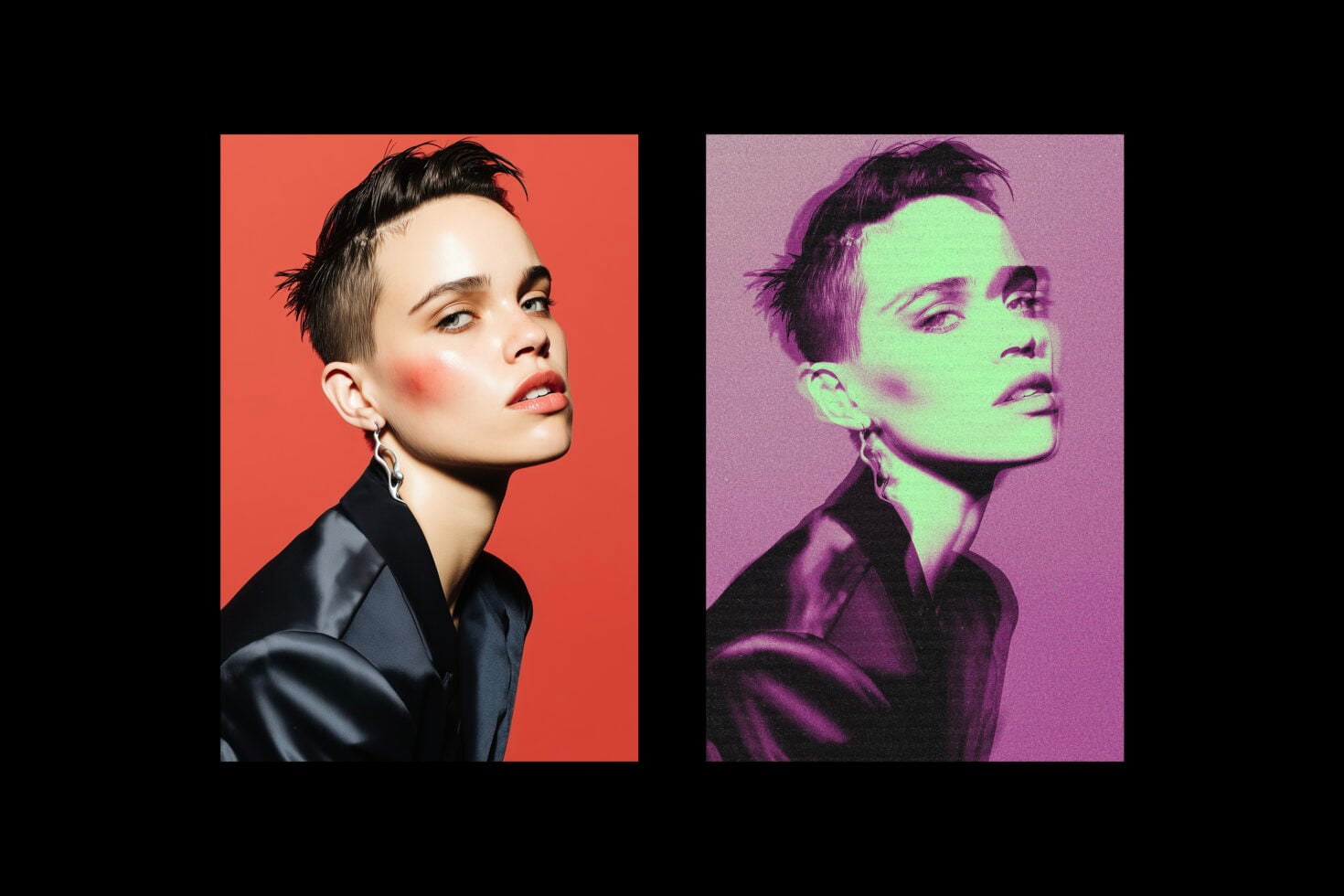 Split screen portrait in coral red on left, neon green magenta on right