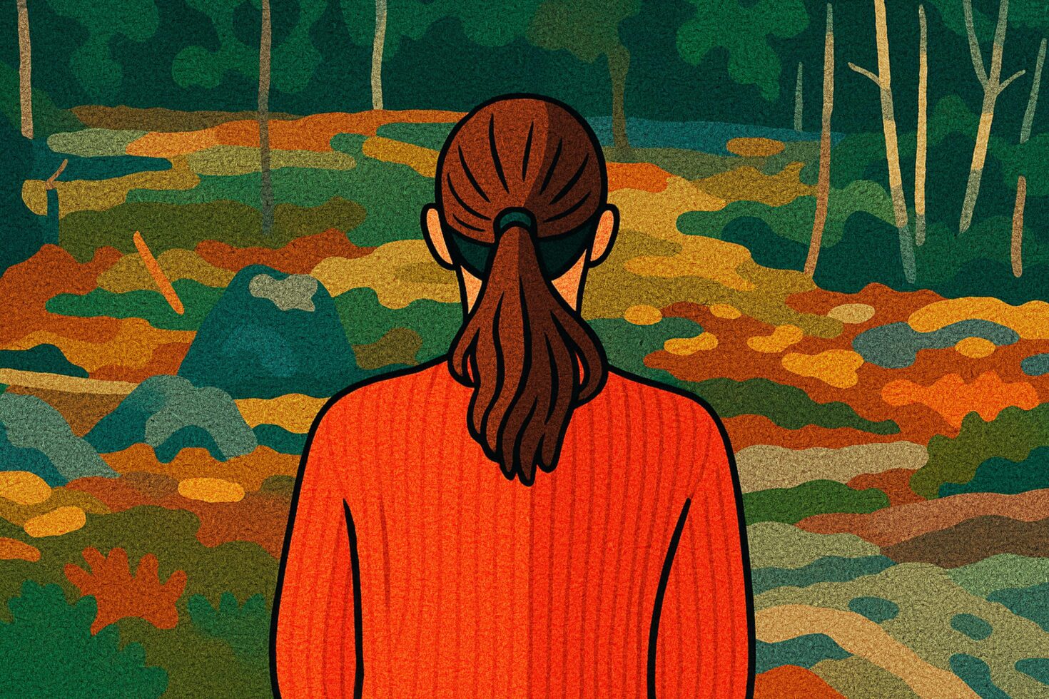Illustration of person in red sweater standing in colorful abstract landscape. Digital art texture background. Ideal for graphic design projects.