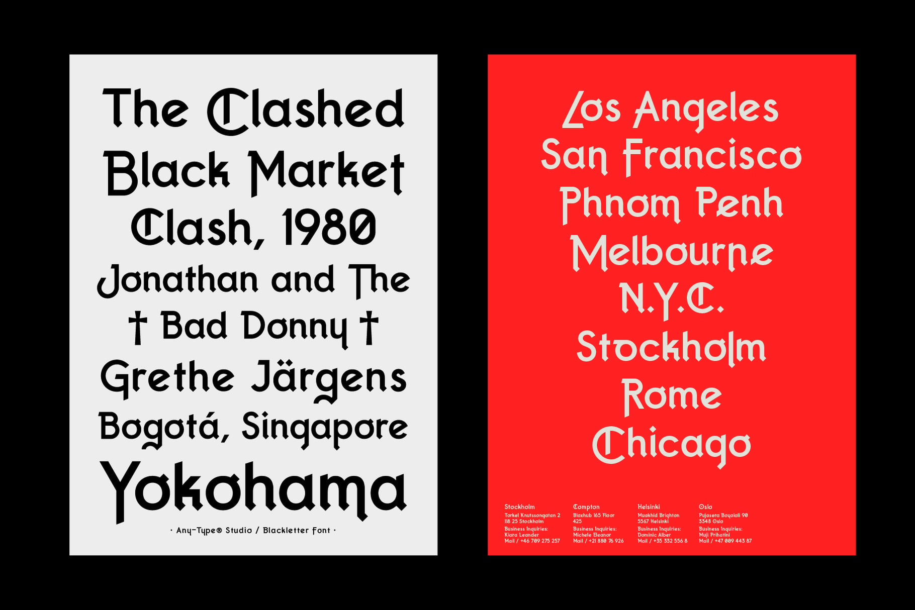 Two-panel spread showing Blackletter font on cream side with city tour dates on red