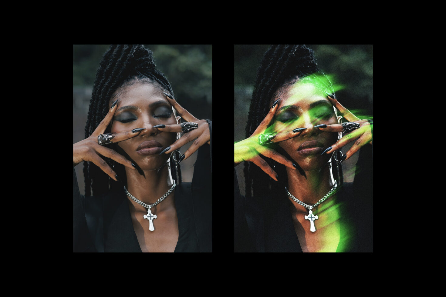 Before after color grading, neon green overlay on original portrait shot comparison