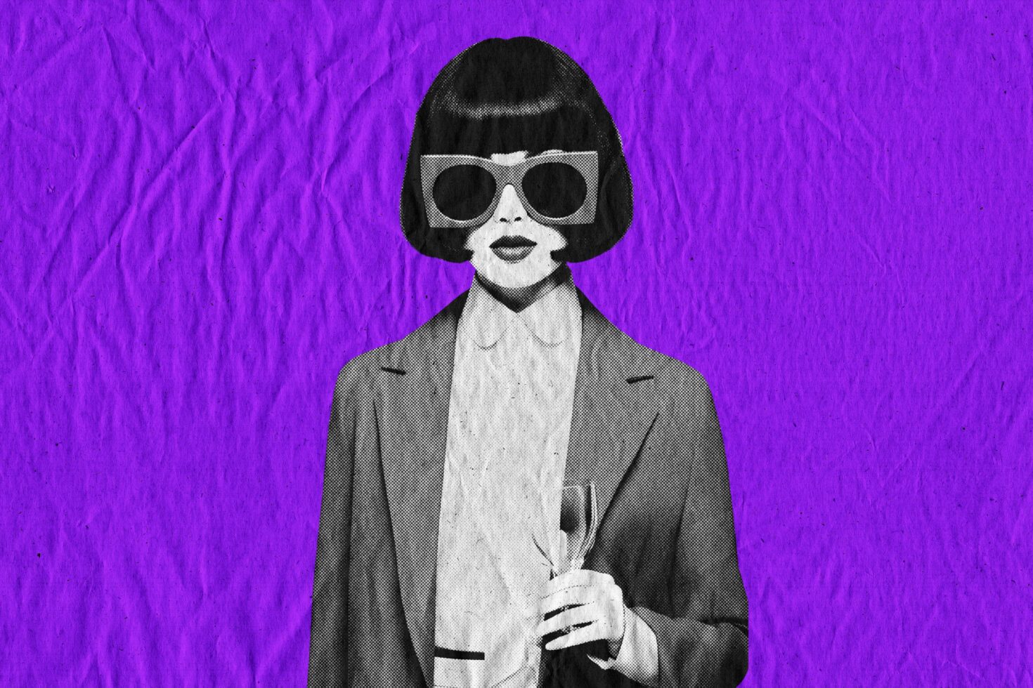 Modern pop art graphic of a woman in sunglasses holding a glass against a crumpled purple background. Ideal for creative designers seeking unique visuals.