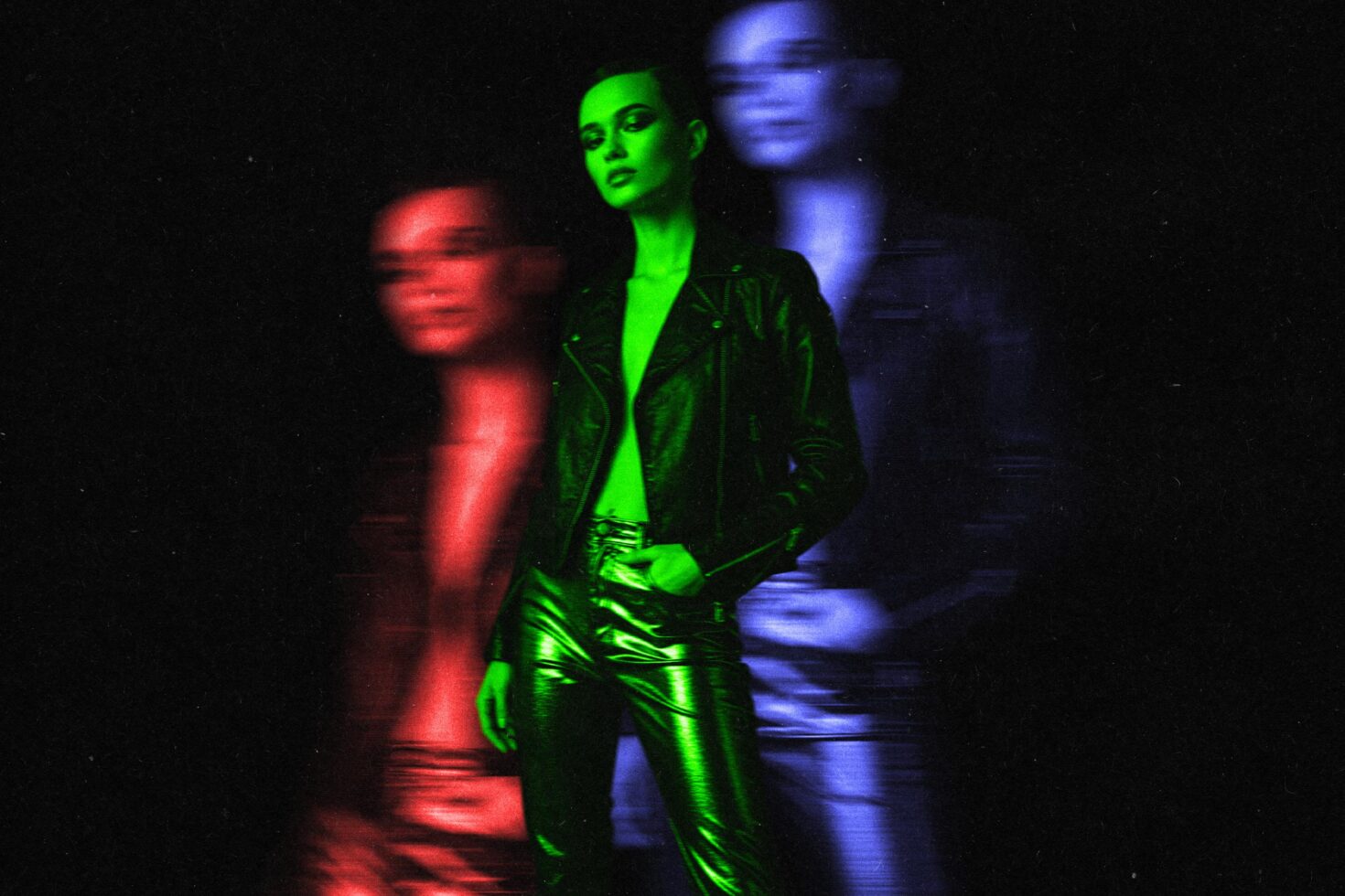 Vibrant digital artwork of a woman in a leather jacket with red green blue neon effects. Perfect for designers looking for unique graphic assets.